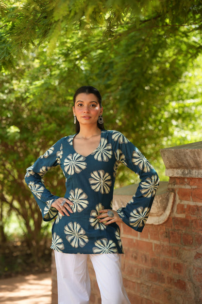 Teal Blue Floral Print Full Sleeve Kurti