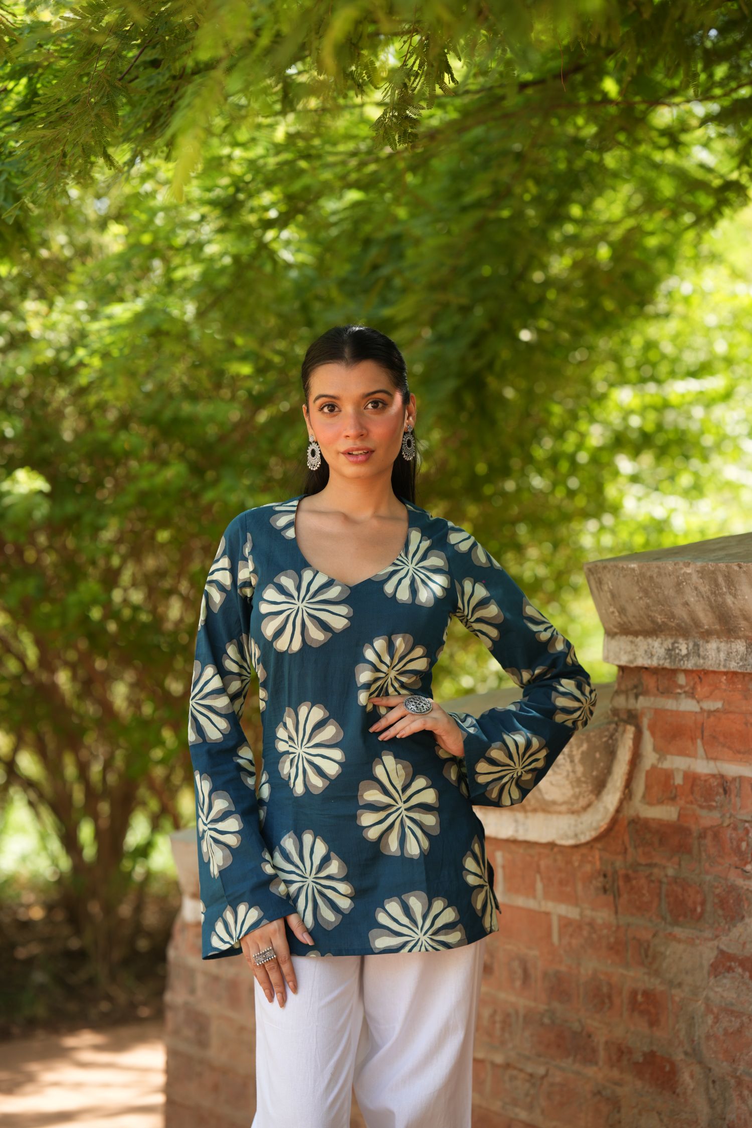 Teal Blue Floral Print Full Sleeve Kurti
