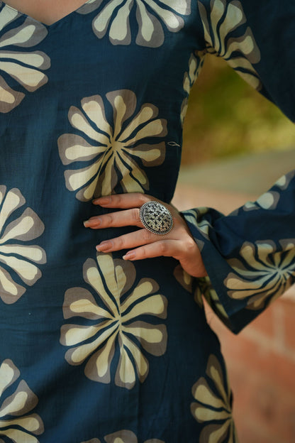 Teal Blue Floral Print Full Sleeve Kurti