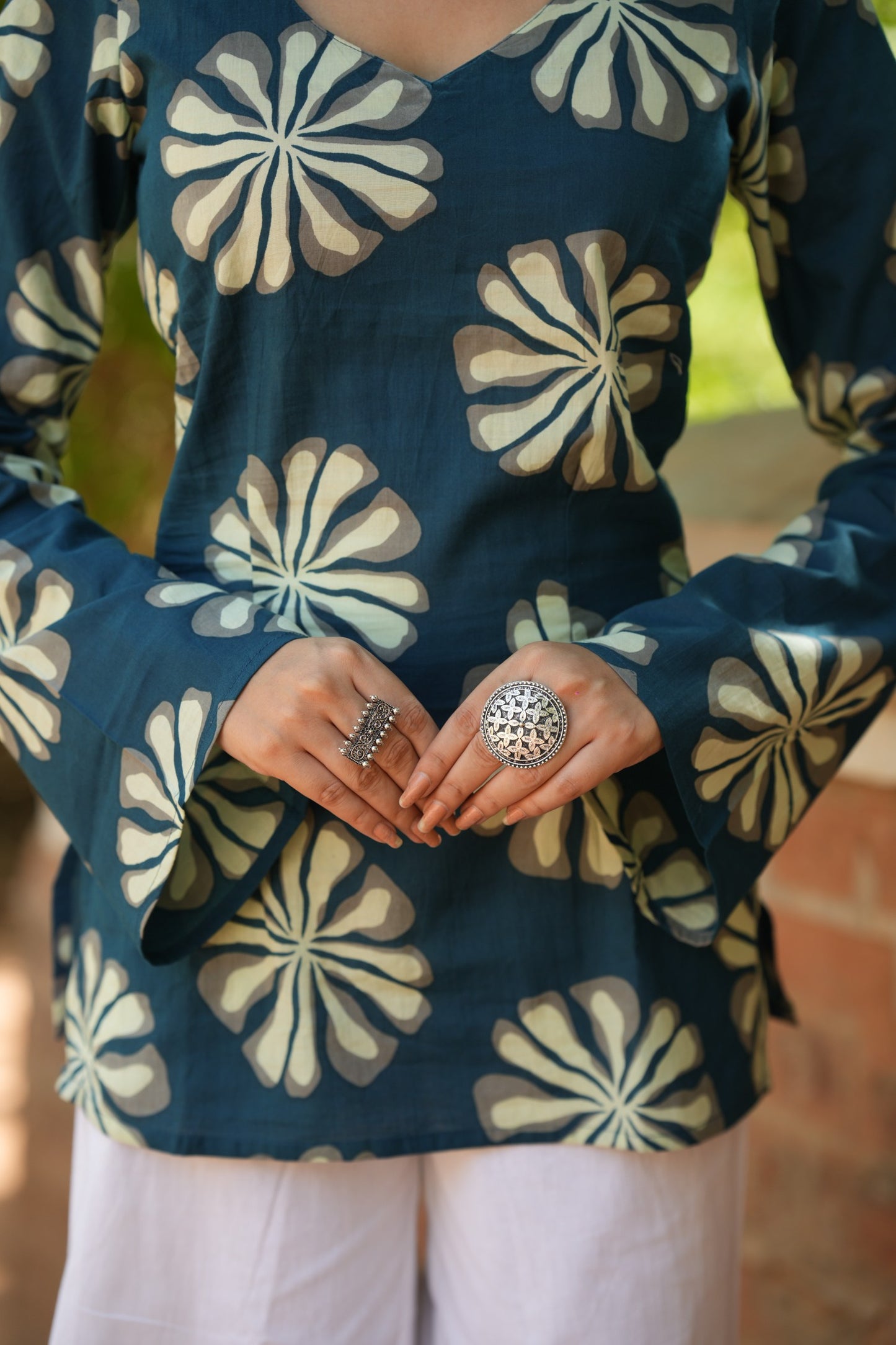 Teal Blue Floral Print Full Sleeve Kurti