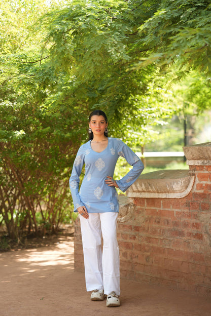 Blue Buta Print Bell Sleeve Kurti