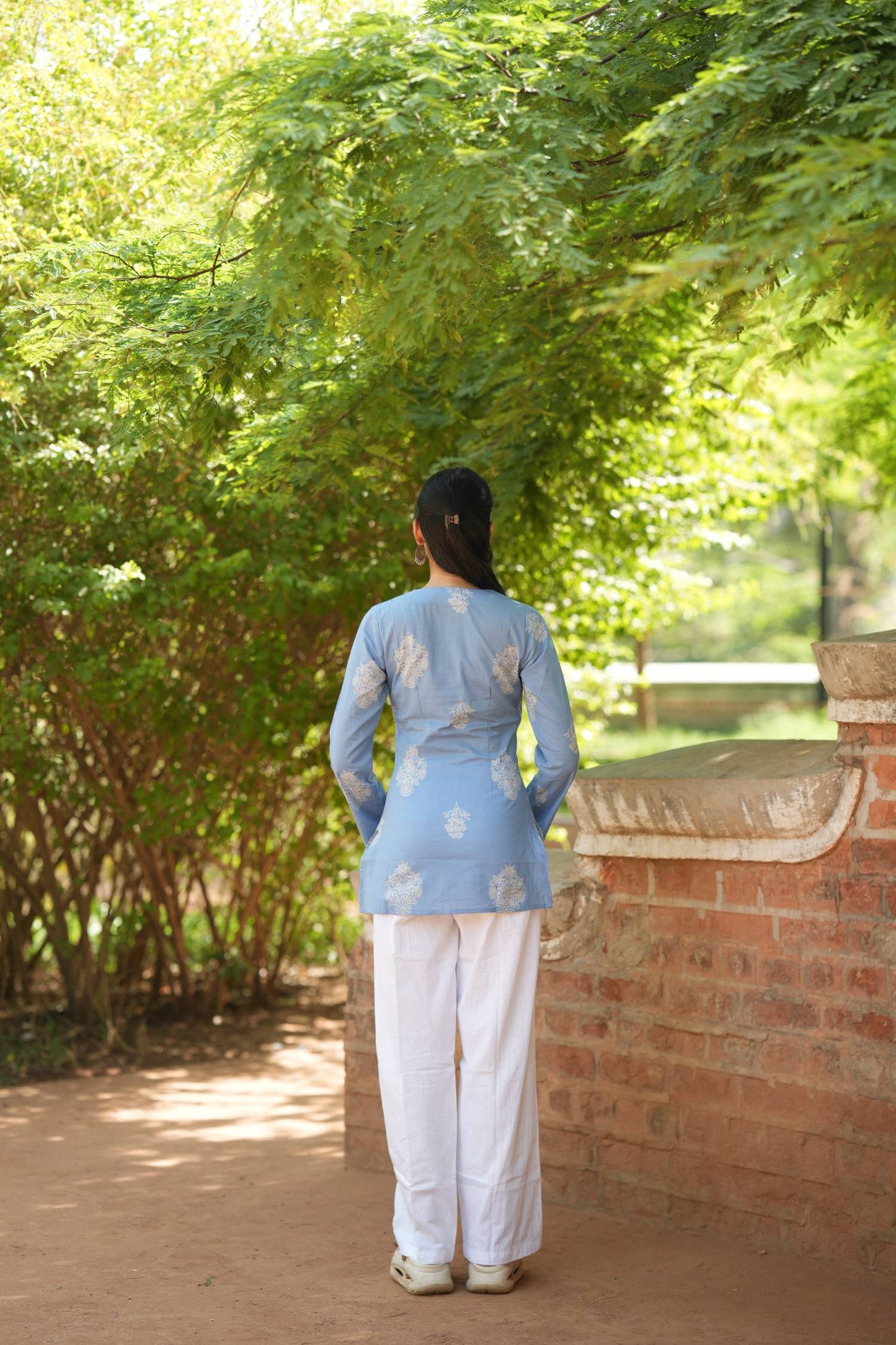 Blue Buta Print Bell Sleeve Kurti