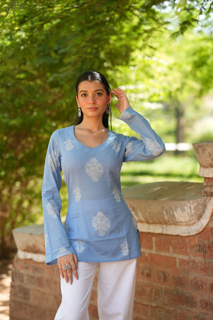 Blue Buta Print Bell Sleeve Kurti