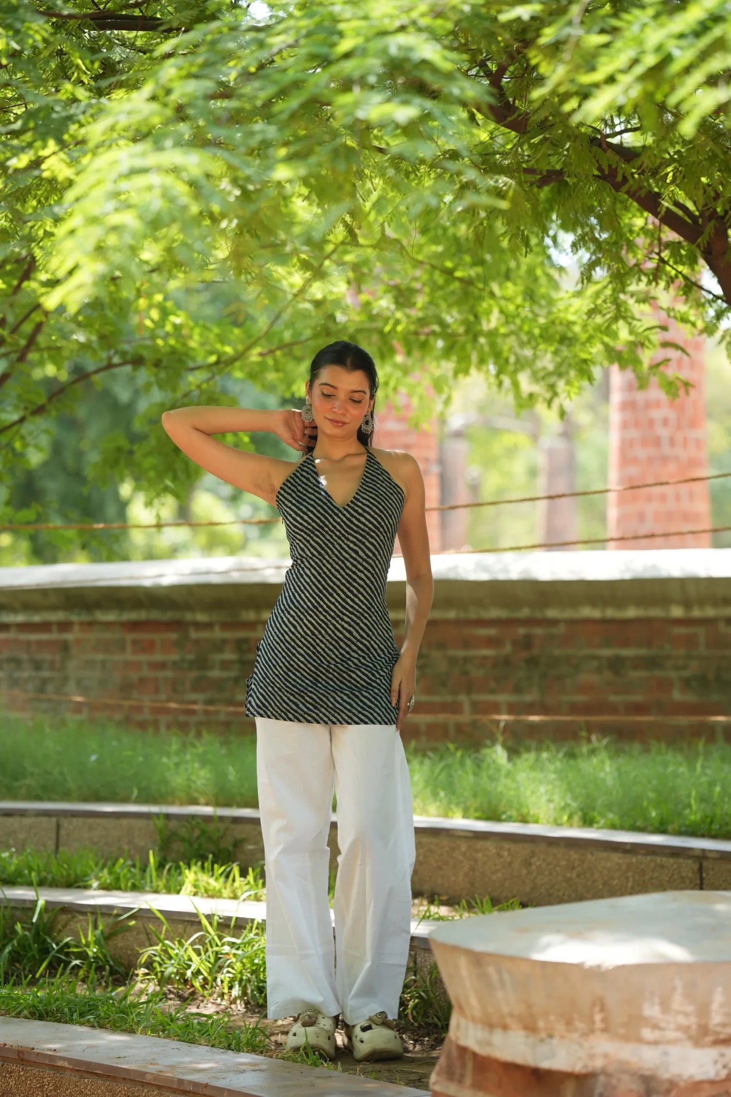 Navy Blue Leheriya Halter Neck Corset Kurti